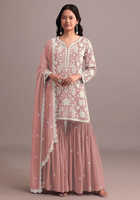 Peach Embroidered Georgette Sharara Set With Dupatta