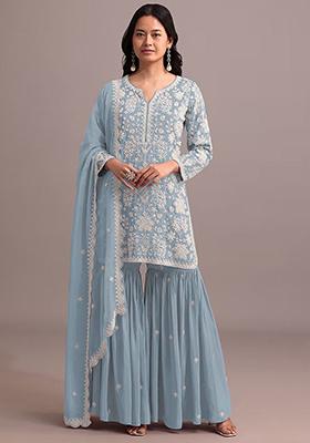 Sky Blue Embroidered Georgette Sharara Set With Dupatta