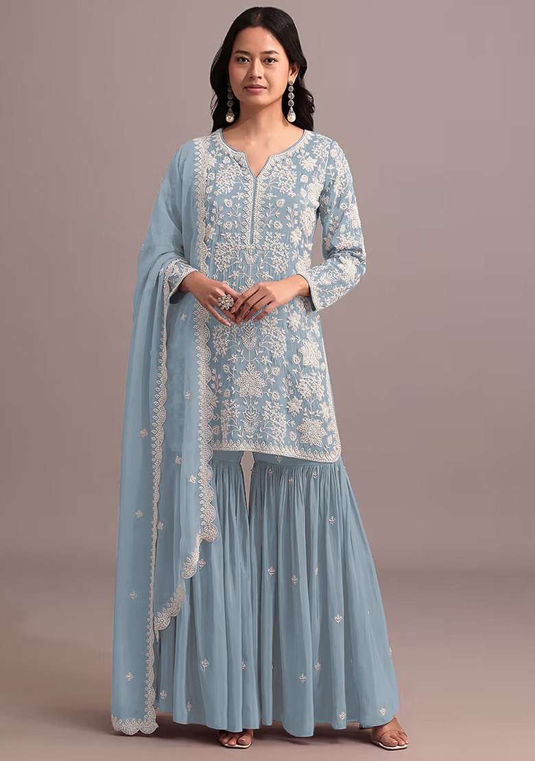 Sky Blue Chikankari Georgette Sharara Set - Indya