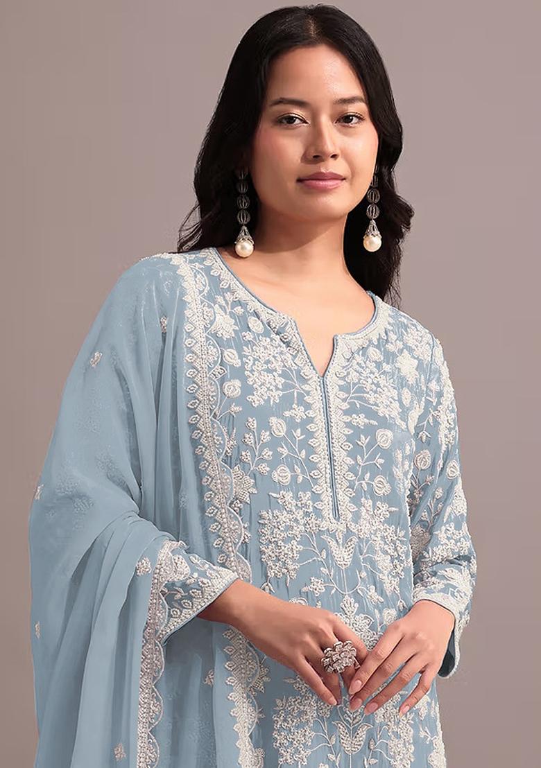 Sky Blue Embroidered Georgette Sharara Set