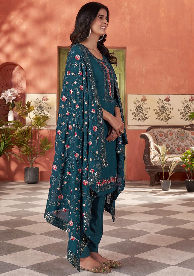 Rama Green Embroidered Georgette Salwar Kameez