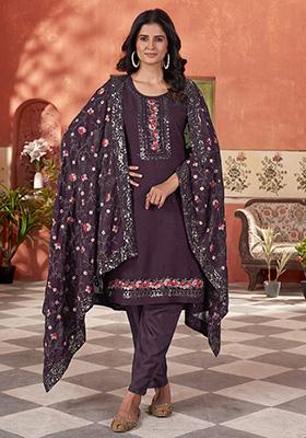 Wine Embroidered Georgette Salwar Kameez With Dupatta