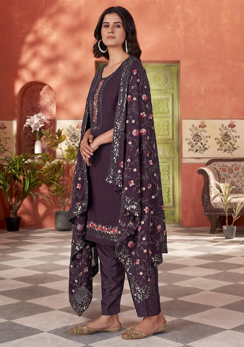 Wine Embroidered Georgette Salwar Kameez