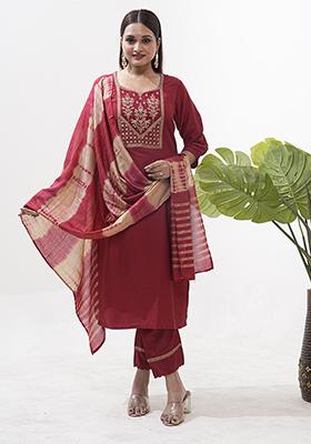 Red Embroidered Silk Salwar Kameez With Dupatta