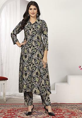 Black And Green Embroidered Rayon Salwar Kameez