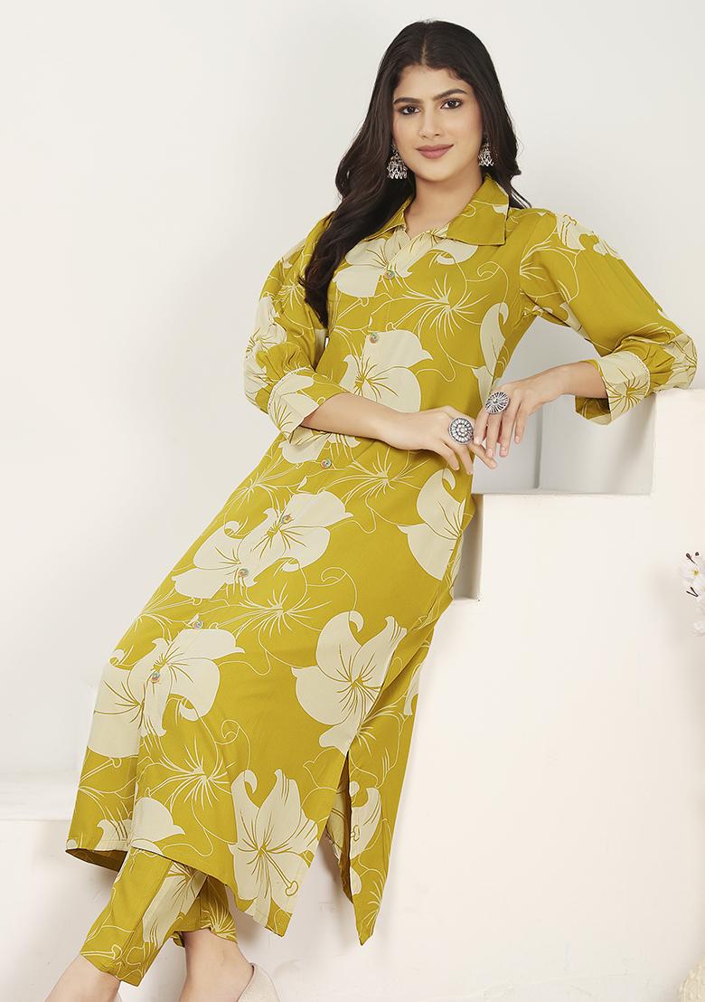 Lemon Green Embroidered Rayon Salwar Kameez