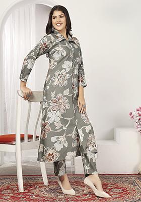 Grey And White Embroidered Rayon Salwar Kameez