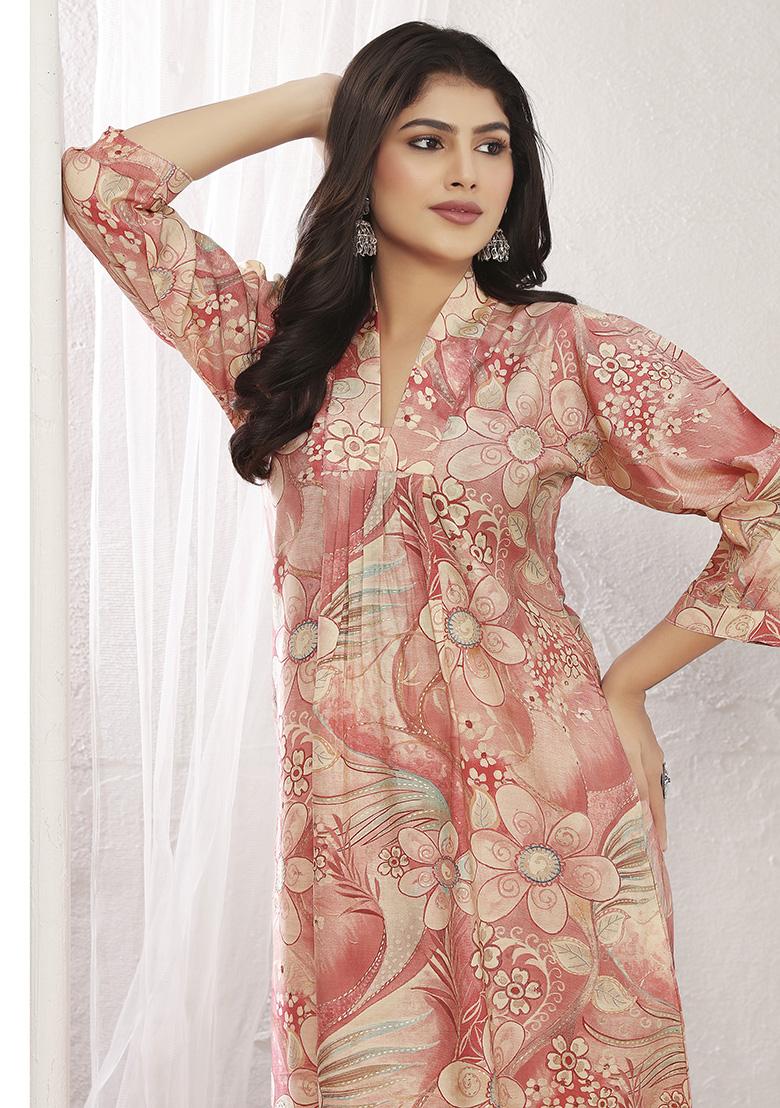 Peach Printed Chanderi Salwar Kameez