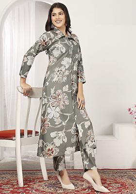 Grey Printed Chanderi Salwar Kameez