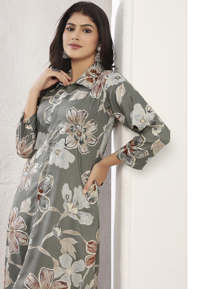 Grey Printed Chanderi Salwar Kameez
