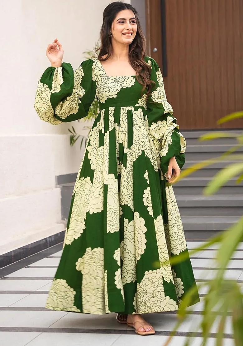 Green With A Floral Print Printed Rayon Gown