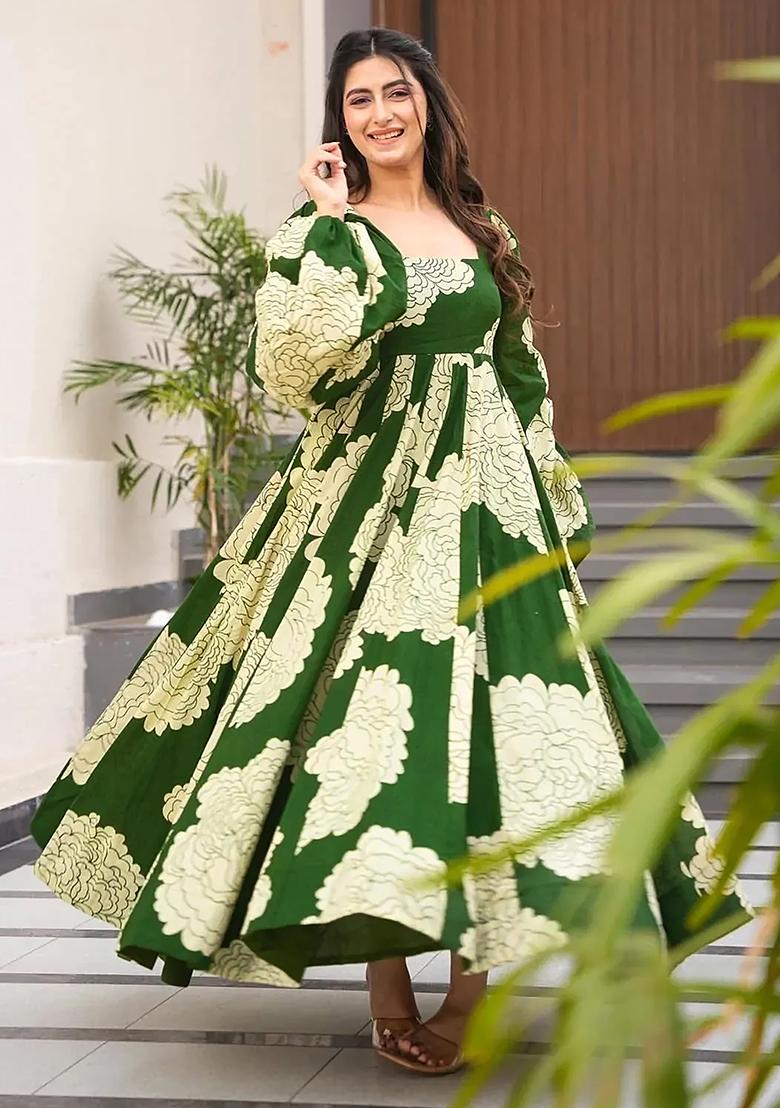 Green With A Floral Print Printed Rayon Gown