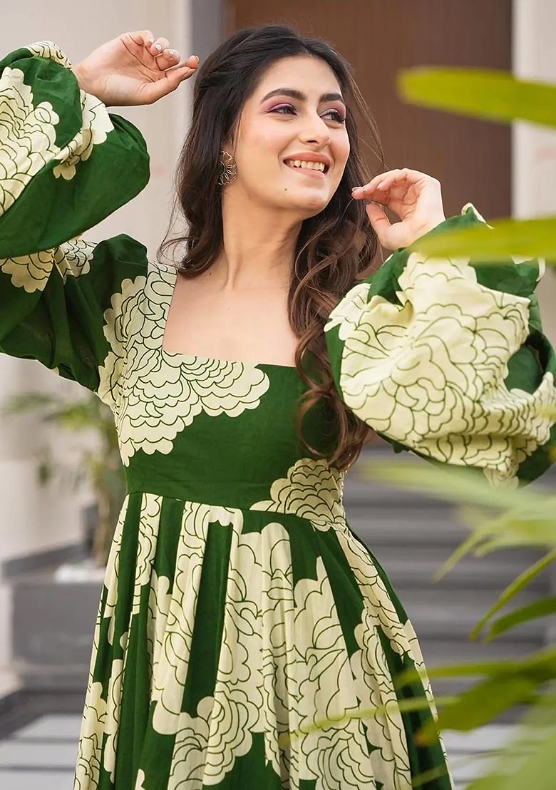 Green With A Floral Print Printed Rayon Gown
