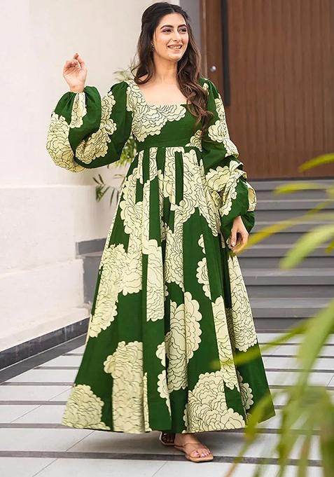 Green With A Floral Print Printed Rayon Gown