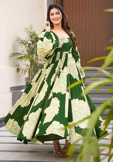 Green With A Floral Print Printed Rayon Gown