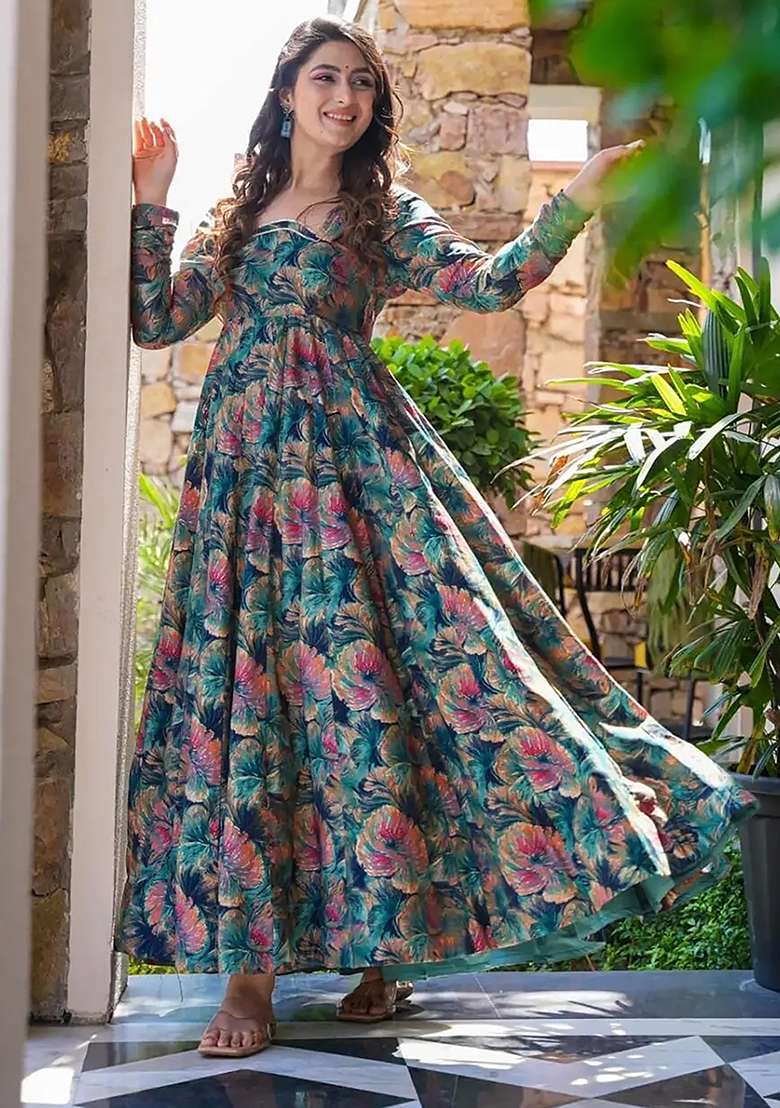 Sea Blue And Pink Printed Rayon Gown - Indya