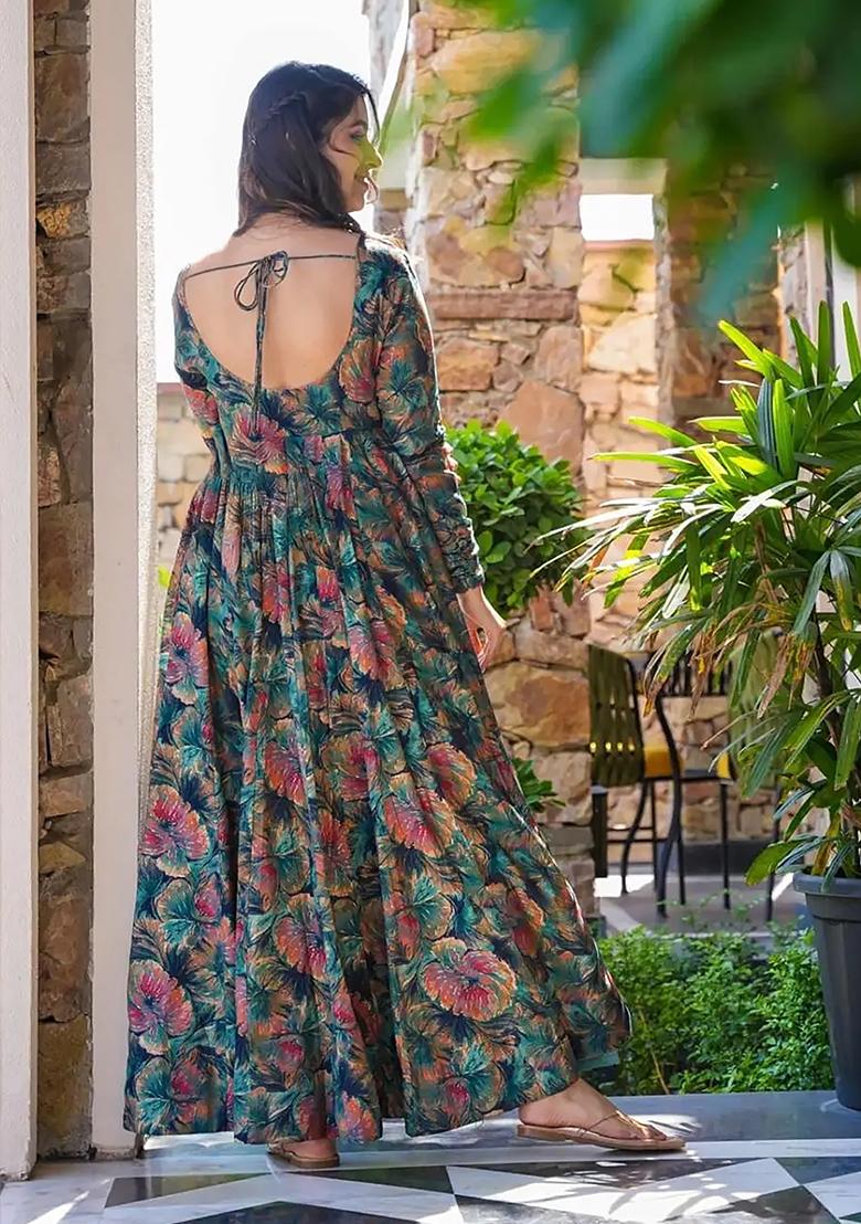 Sea Blue And Pink Printed Rayon Gown