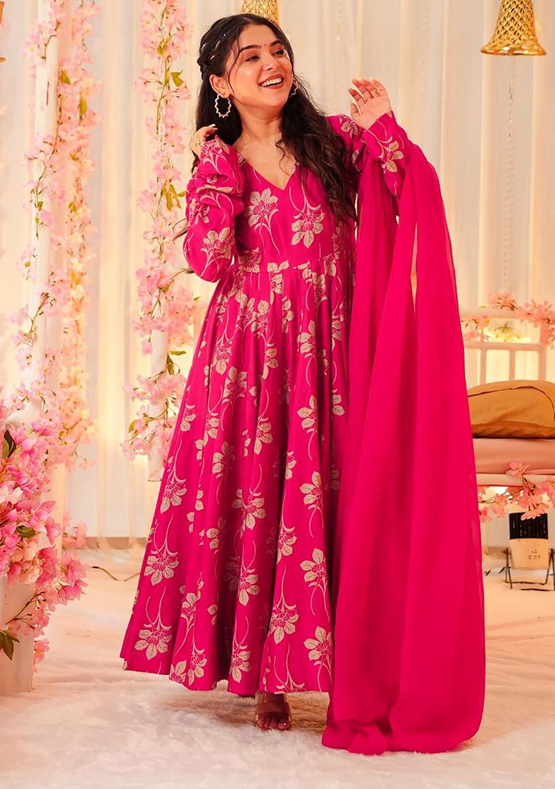 Pink And Cream Printed Rayon Anarkali Set