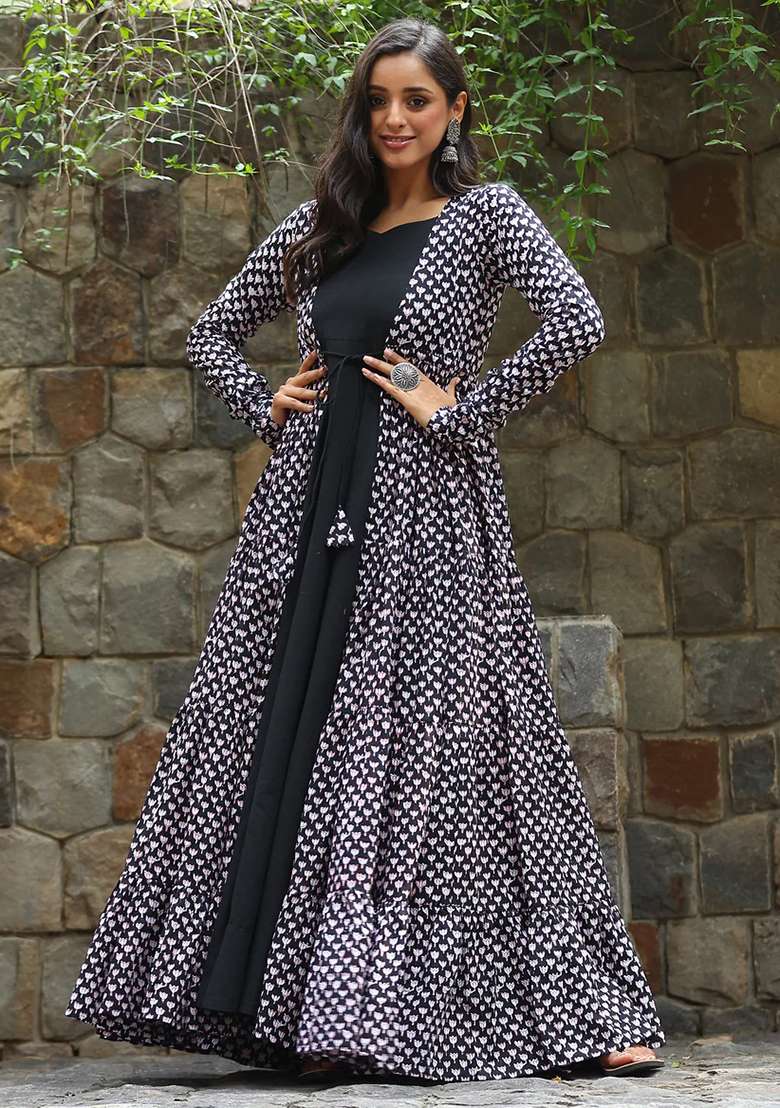 Maroon Printed Muslin Anarkali Set - Indya