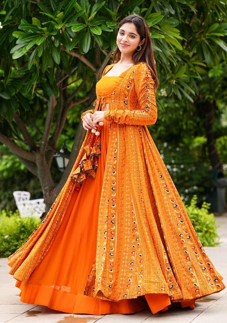 Orange Printed Georgette Gown