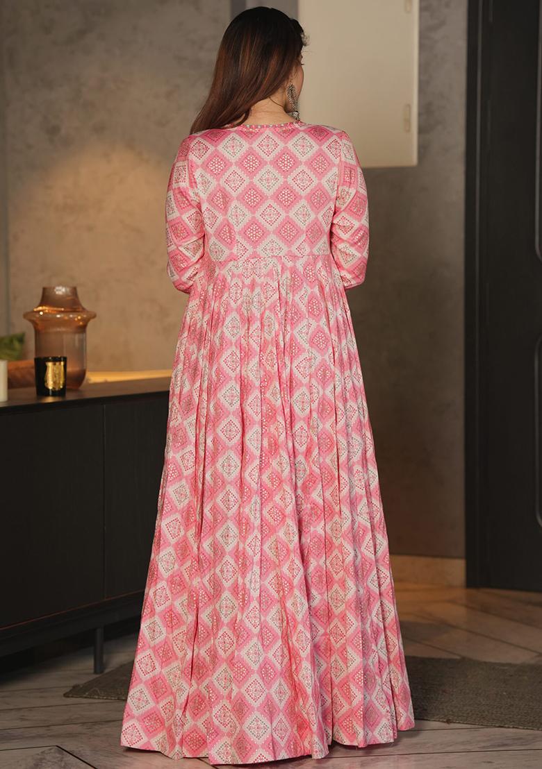 Pink Printed Rayon Gown