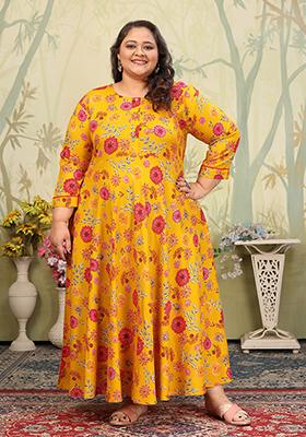 Yellow And Pink Printed Rayon Gown