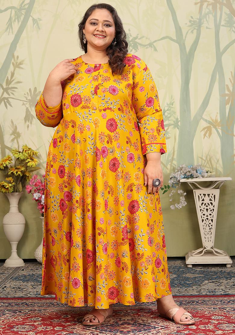 Yellow And Pink Printed Rayon Gown