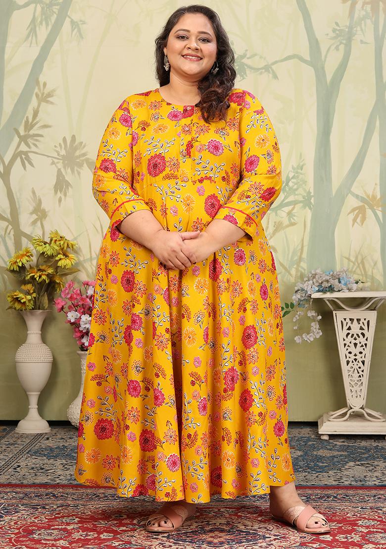 Yellow And Pink Printed Rayon Gown