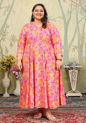 Rani Pink And Orange Printed Rayon Gown