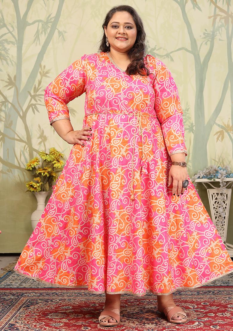 Rani Pink And Orange Printed Rayon Gown