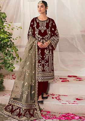 Maroon Embroidered Velvet Pakistanii Salwar Kameez