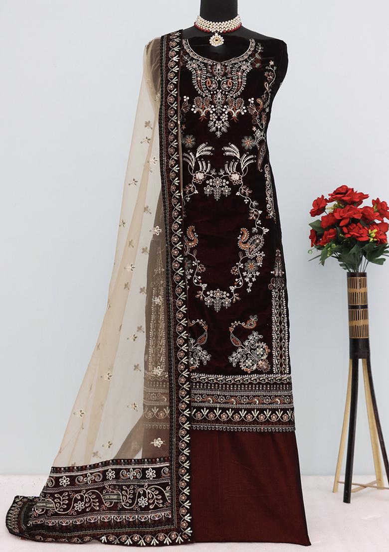Maroon Embroidered Velvet Pakistanii Salwar Kameez
