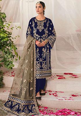 Blue Embroidered Velvet Pakistanii Salwar Kameez