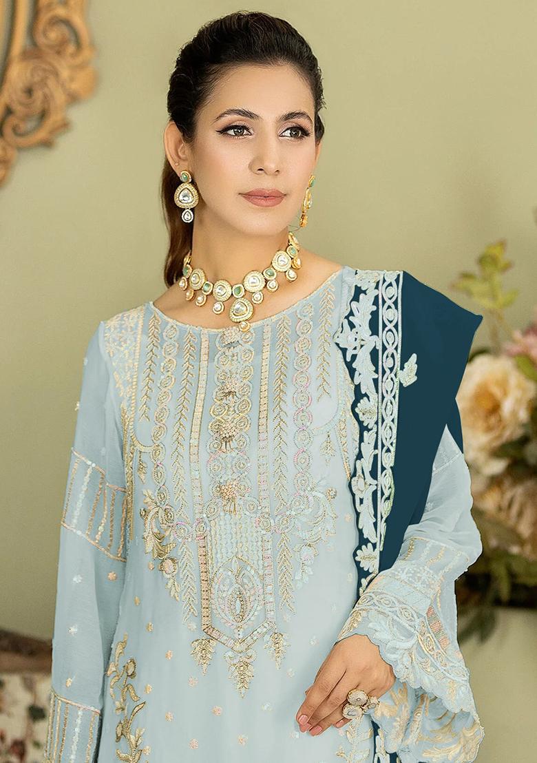 Sky Blue Embroidered Georgette Pakistanii Salwar Kameez