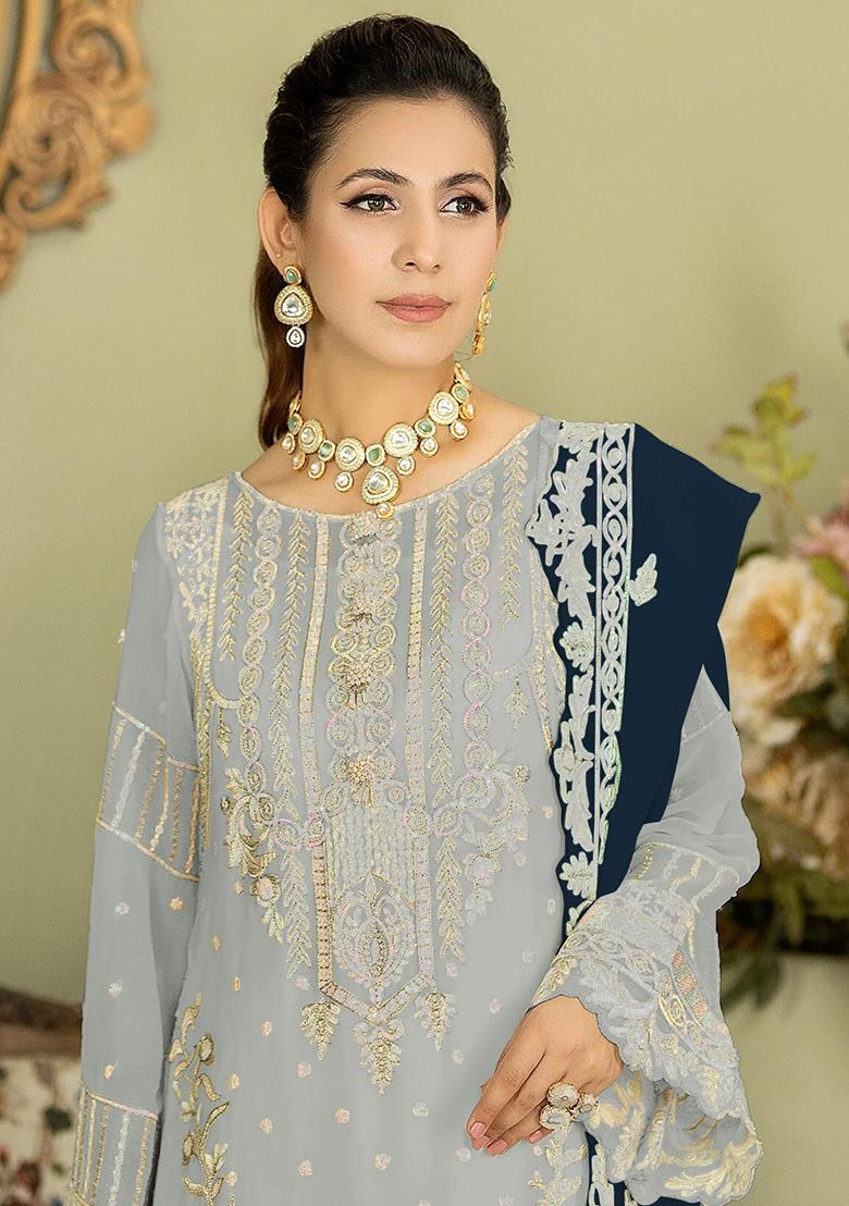Grey Embroidered Georgette Pakistanii Salwar Kameez