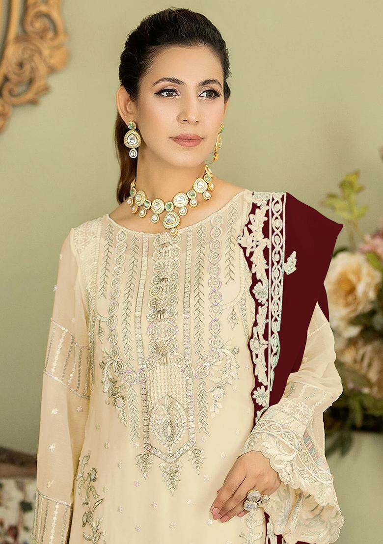 Beige Embroidered Georgette Pakistanii Salwar Kameez