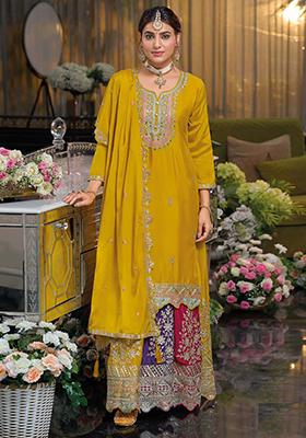 Yellow And Pink Embroidered Georgette Sharara Set