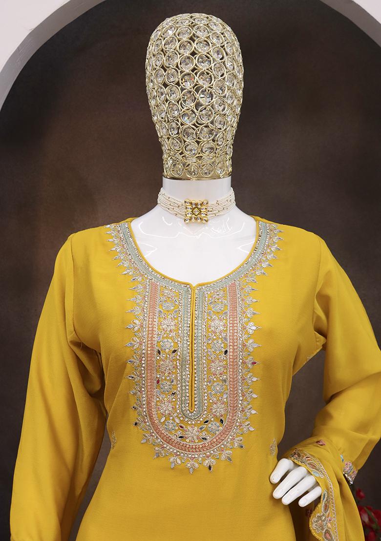 Yellow And Pink Embroidered Georgette Sharara Set With Dupatta
