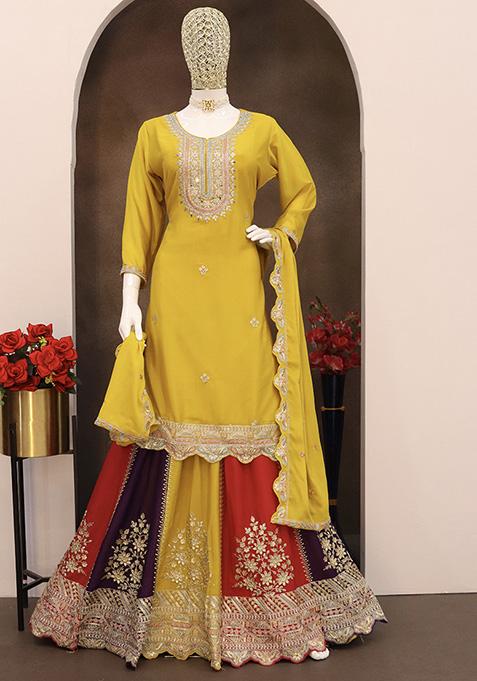 Yellow And Pink Embroidered Georgette Sharara Set With Dupatta