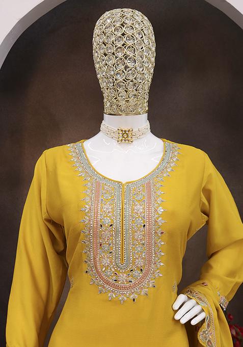 Yellow And Pink Embroidered Georgette Sharara Set With Dupatta