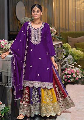 Purple Embroidered Georgette Sharara Set With Dupatta