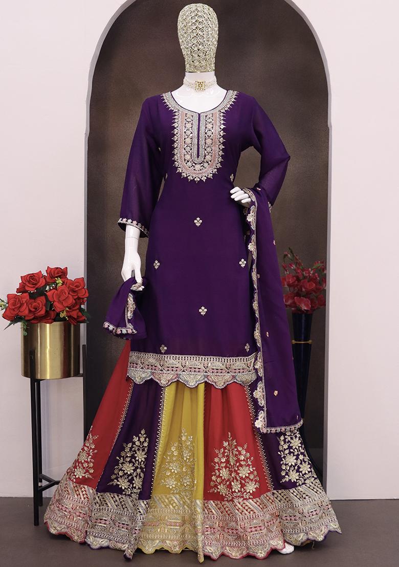 Purple Embroidered Georgette Sharara Set