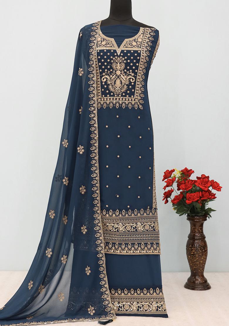 Teal Blue Embroidered Georgette Pakistanii Salwar Kameez