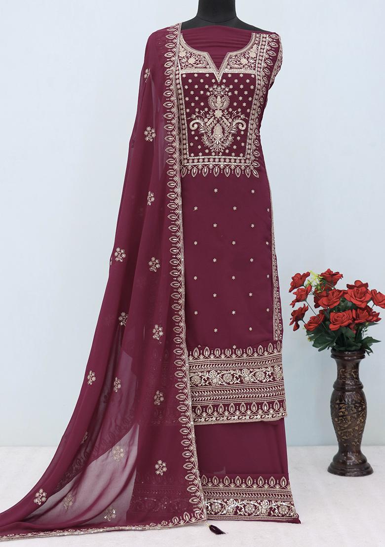 Wine Embroidered Georgette Pakistanii Salwar Kameez