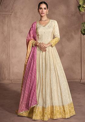 Beige Embroidered Jacquard Anarkali Set