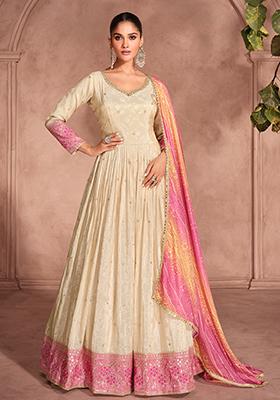 Beige Embroidered Jacquard Anarkali Set