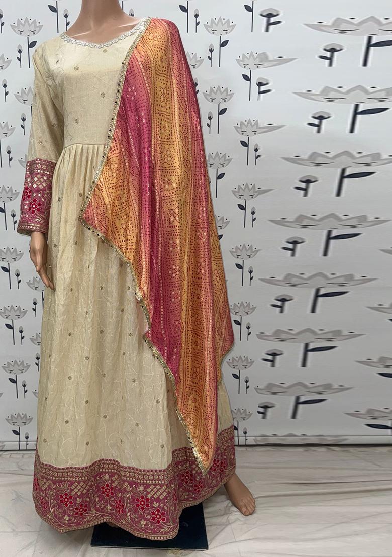 Beige Embroidered Jacquard Anarkali Set