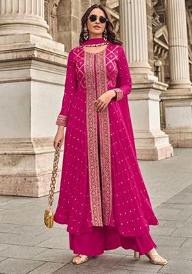 Pink Embroidered Jacquard Anarkali Set