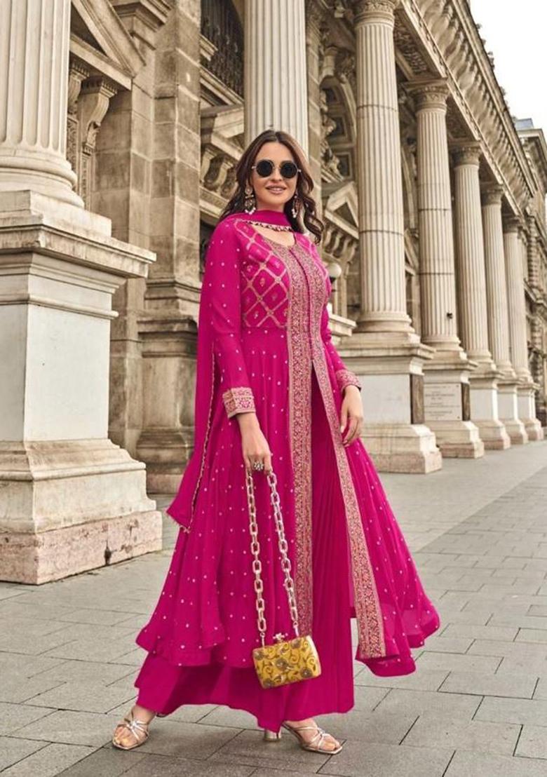 Pink Embroidered Jacquard Anarkali Set