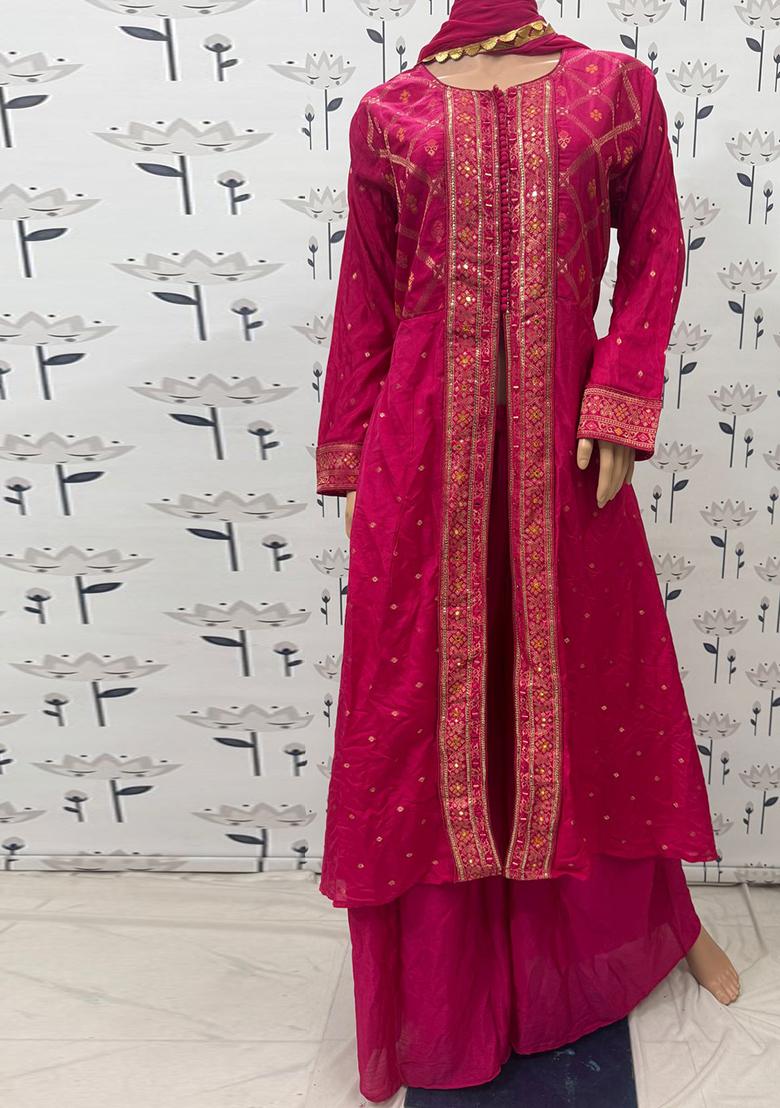 Pink Embroidered Jacquard Anarkali Set
